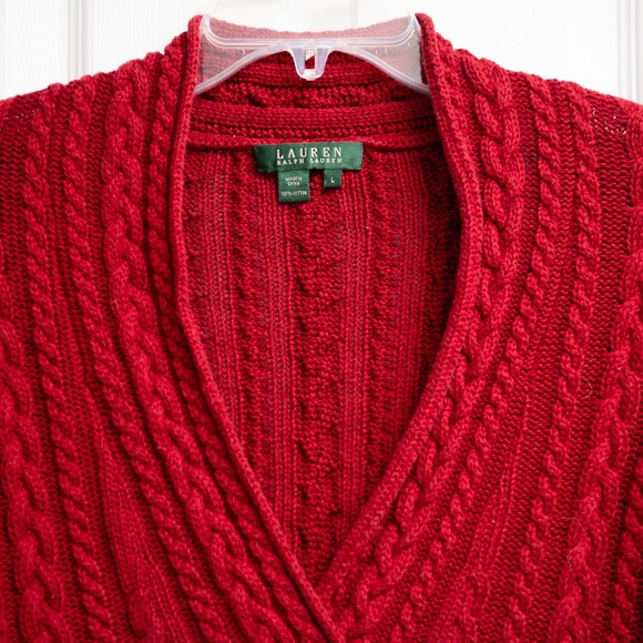 Polo Ralph Lauren Red Cable Knit Sweater Sz L Crochet bottom V-Neck Flare Sleeve - Picture 2 of 4